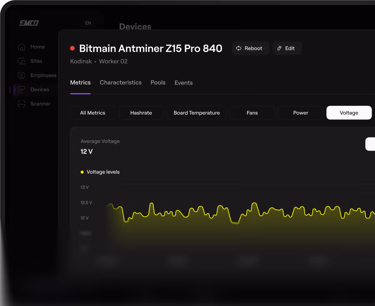Интерфейс устройства Bitmain Antminer Z15 Pro 840 с графиком уровня напряжения около 12 вольт.