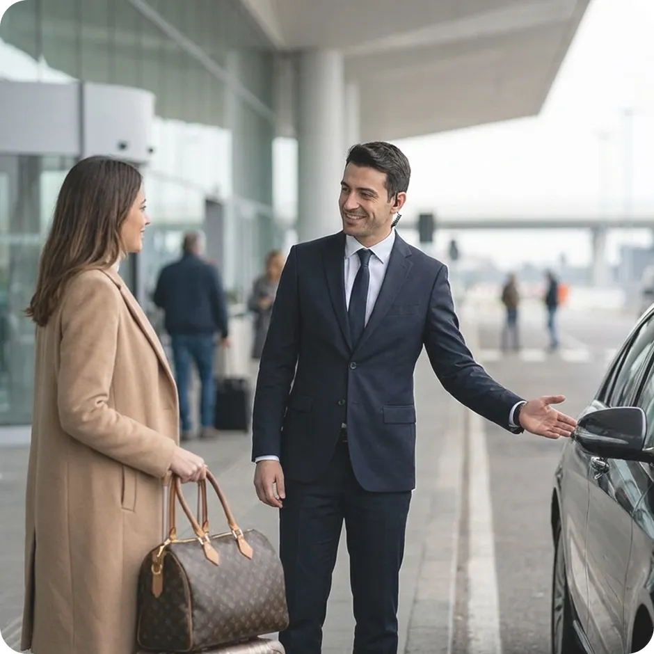 Man in suit holding car door open for woman with luggage outside an airport terminal.