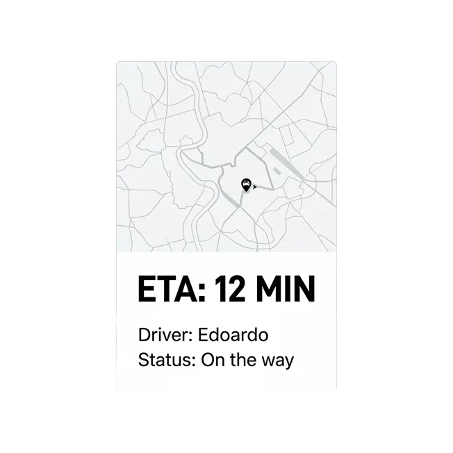 Map showing current location of a vehicle with ETA of 12 minutes, driver named Edoardo, status on the way.