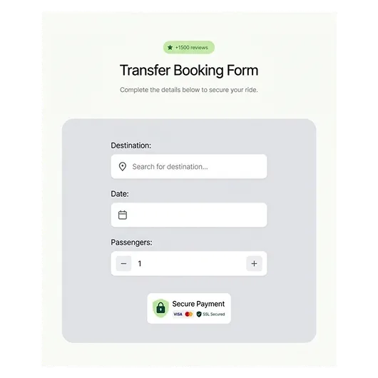 Transfer booking form with fields for destination, date, and number of passengers plus a secure payment section displaying Visa, Mastercard, and SSL secured icons.