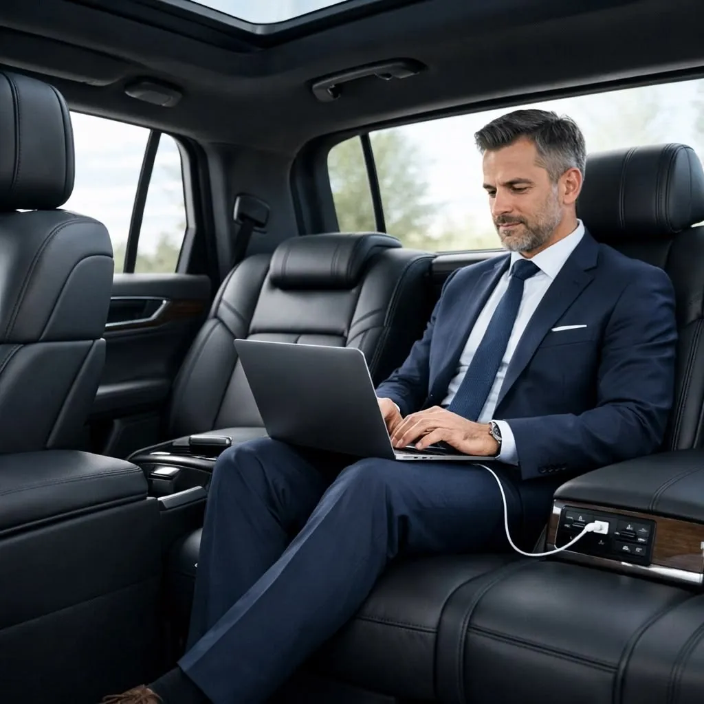Man in a business suit working on a laptop inside the backseat of a luxury car with black leather seats.