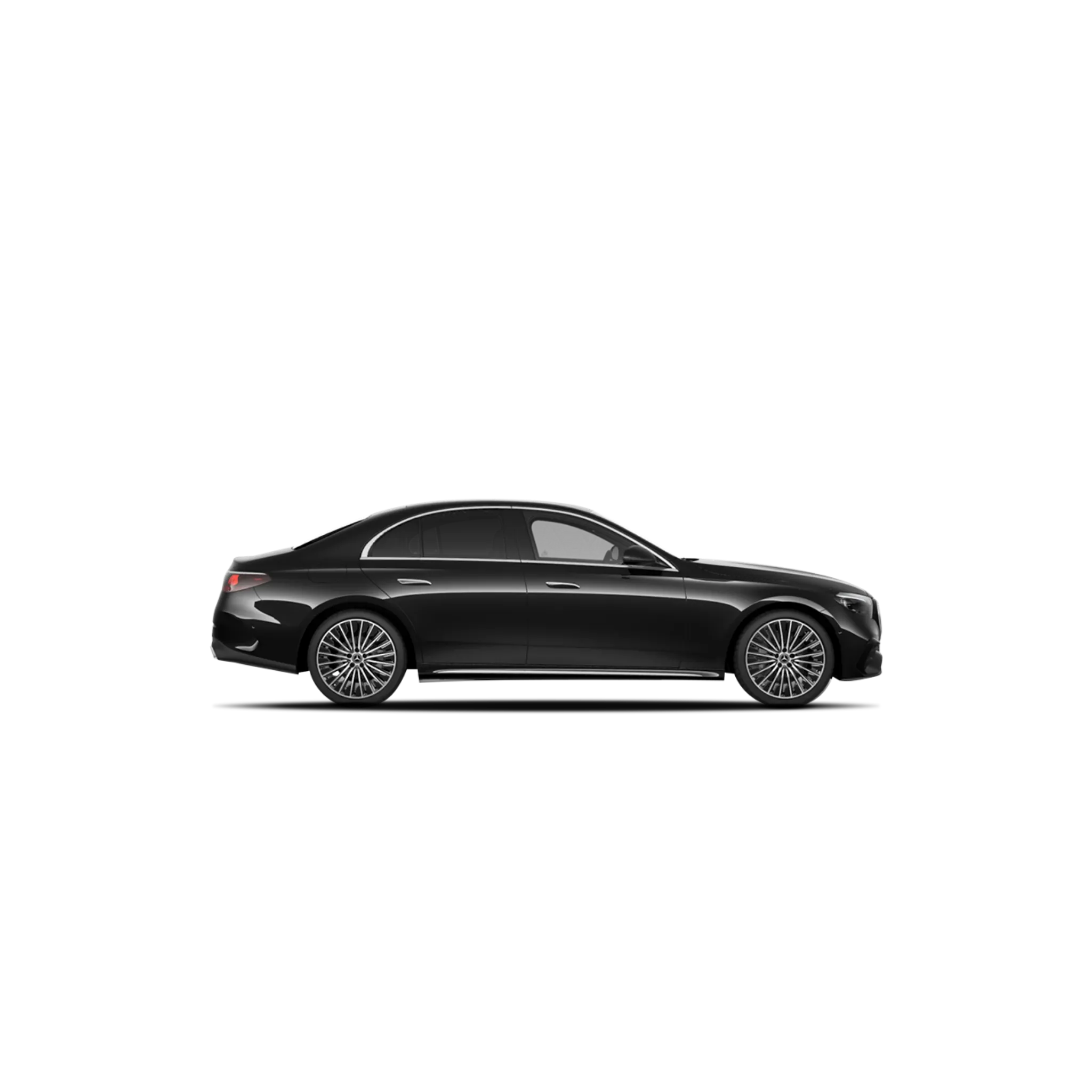 Side view of a sleek black luxury sedan with tinted windows and alloy wheels.