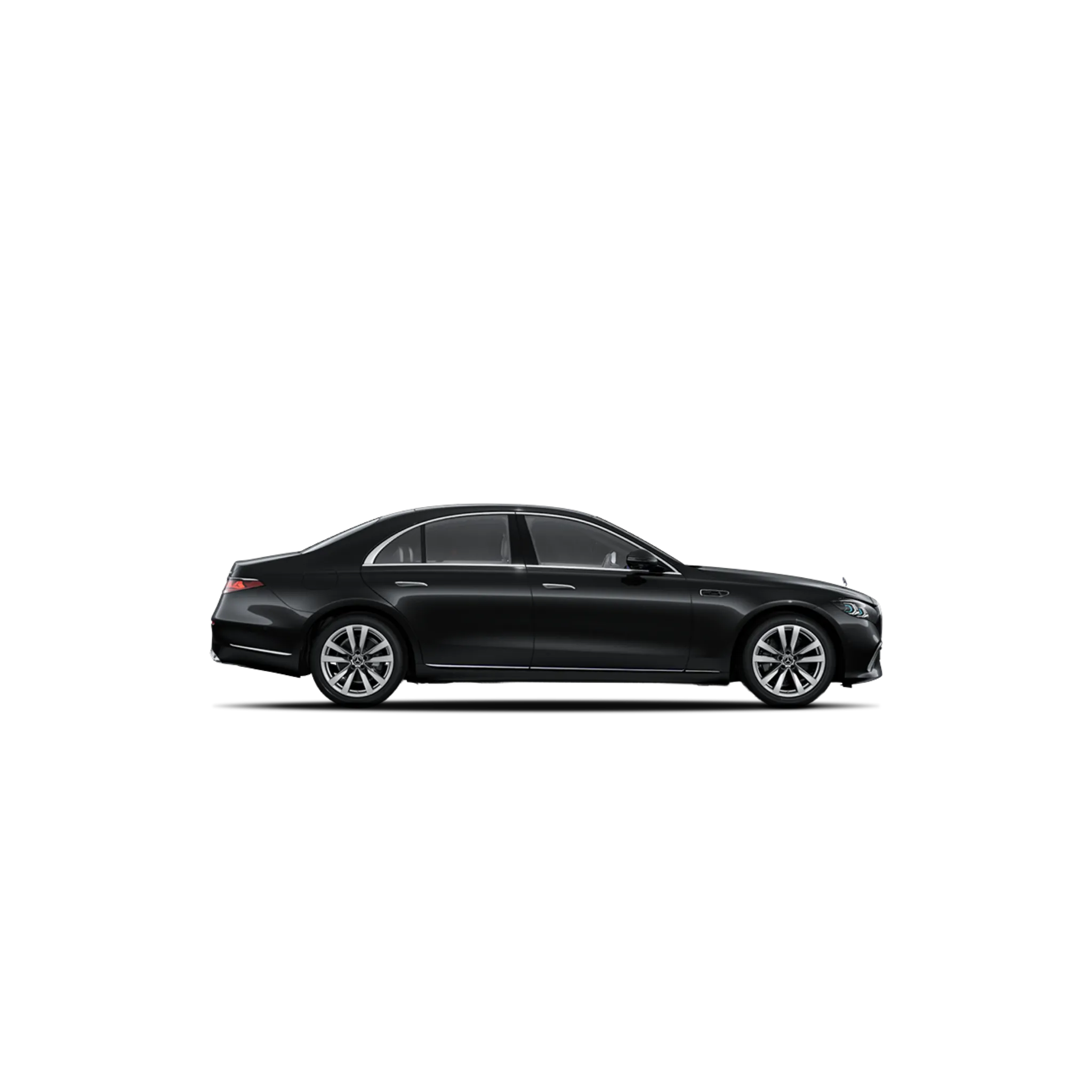 Side view of a black luxury Mercedes-Benz S-Class sedan with silver alloy wheels.