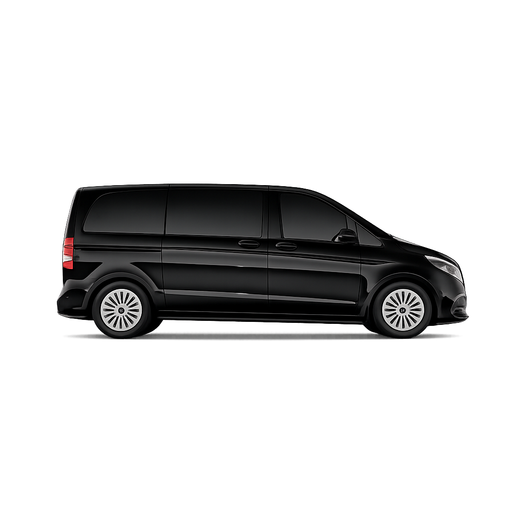 Side view of a black Mercedes luxury van on a dark gradient background.