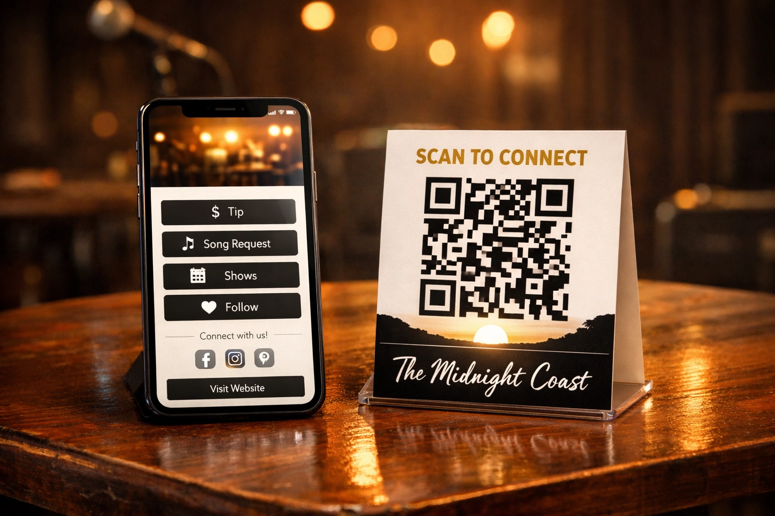 Smartphone on a stage table showing a clean landing page next to a The Midnight Coast table card