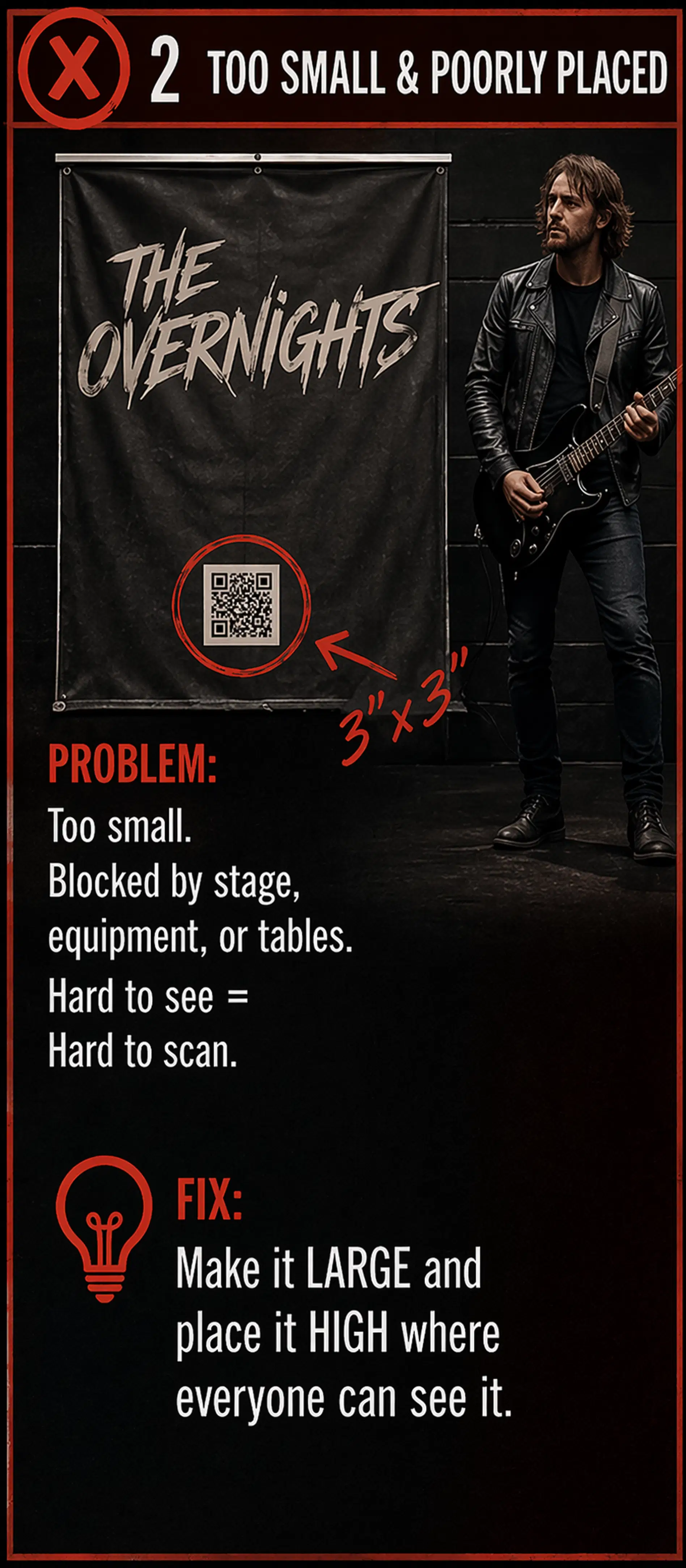 Small, poorly placed QR code on a band backdrop