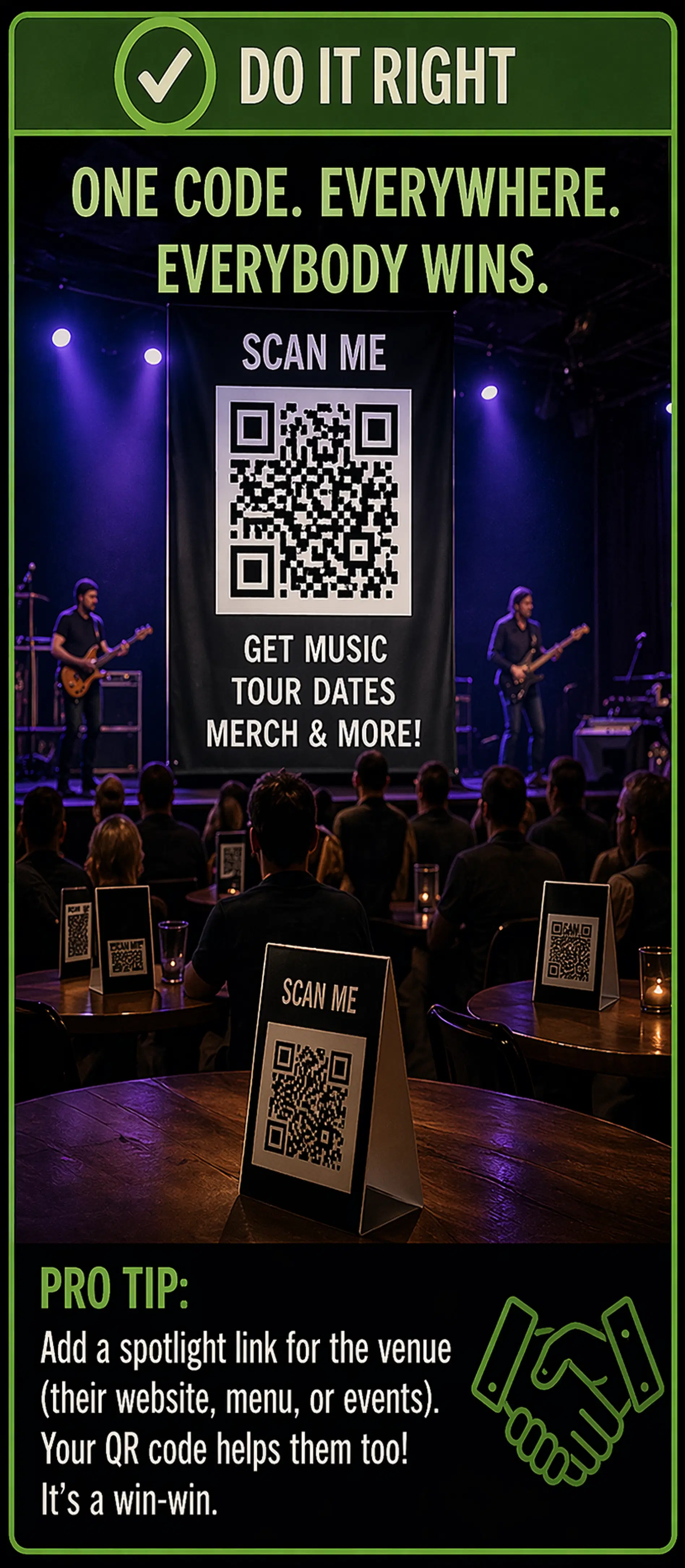 Live music venue with full QR coverage including table tents and stage banner