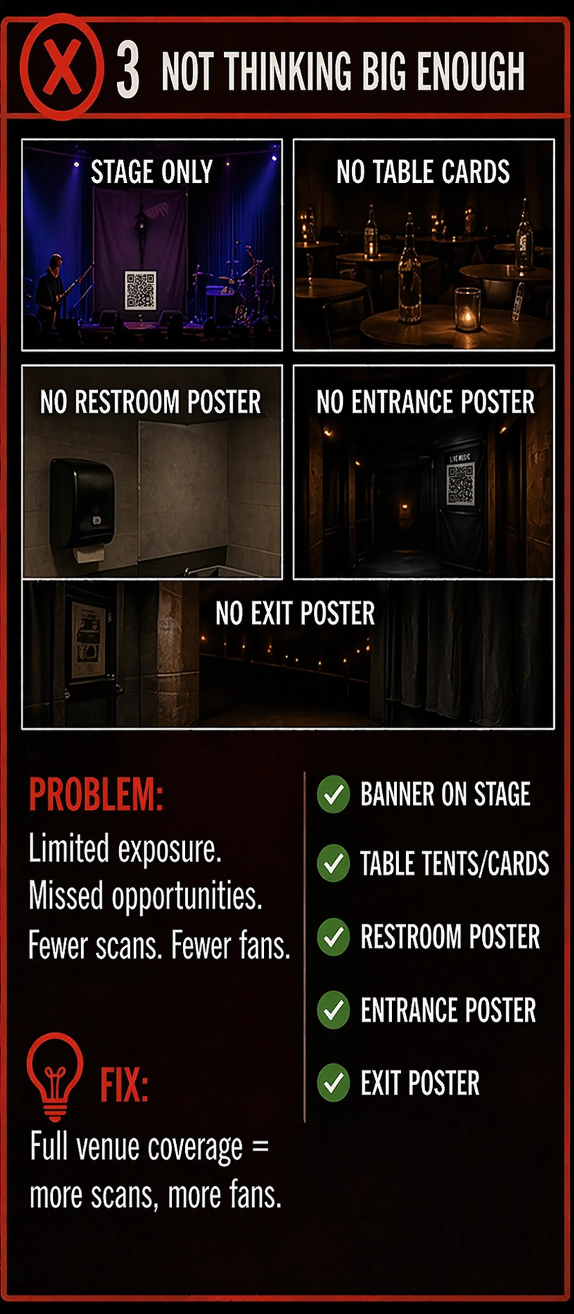 Live music venue with full QR coverage including table tents and stage banner