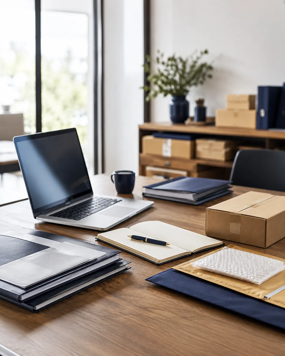 Organized workspace with packaging materials representing reliable follow-through, sourcing support, and trade coordination.