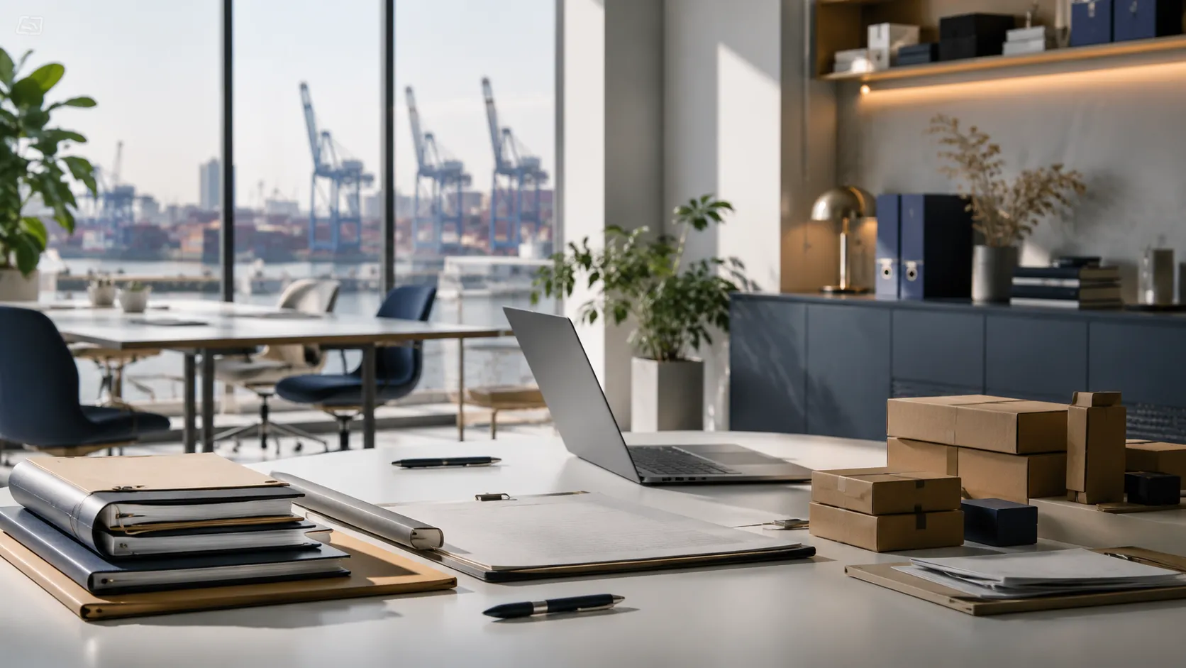 Modern office workspace with trade planning materials and port view representing Stravikon’s structured approach to sourcing, import-export coordination, and cross-border trade.