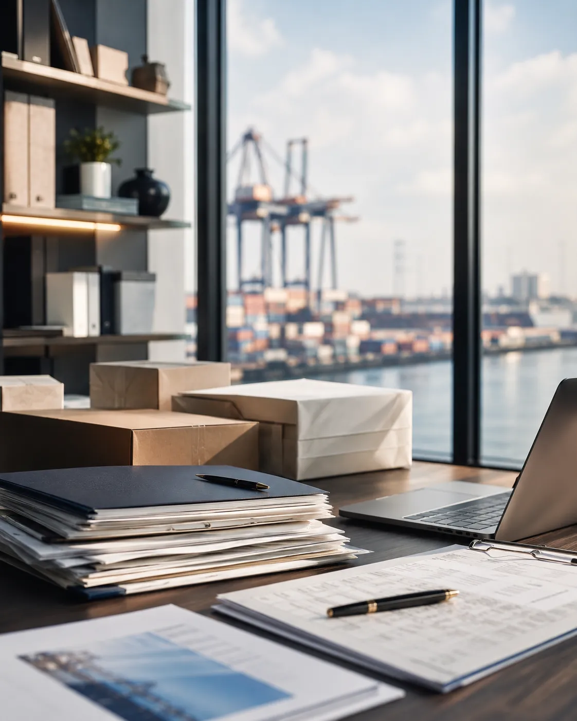 Modern office workspace with trade documents, packaged goods, and port view representing global trade coordination and import-export support.