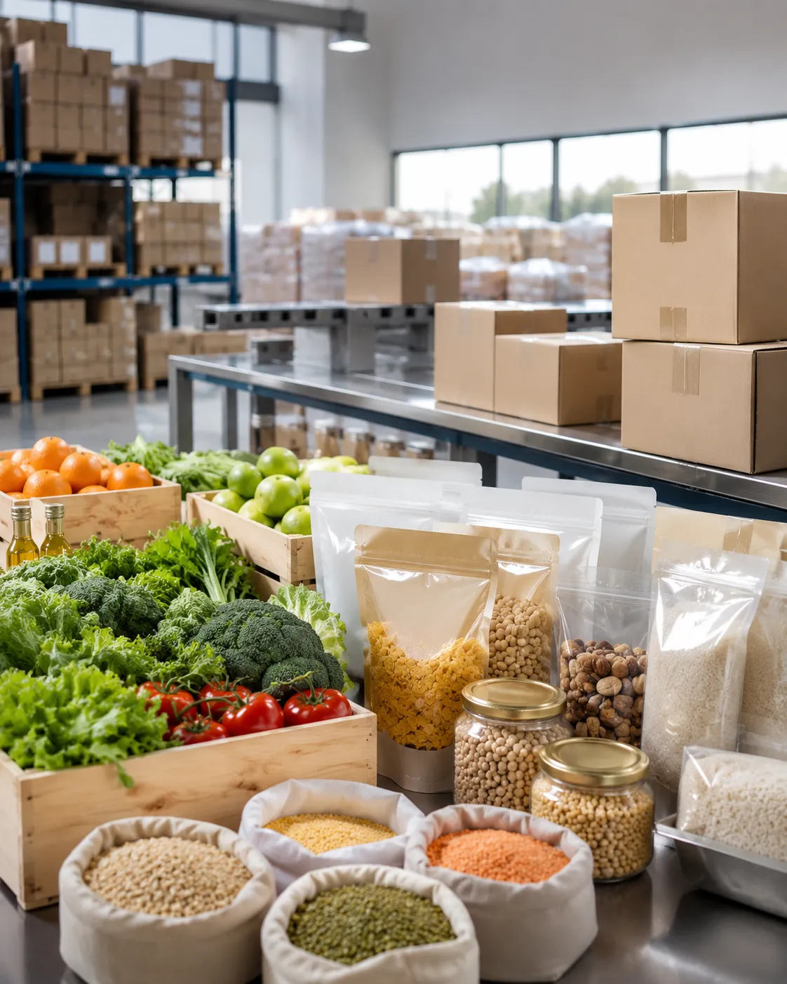 Fresh produce, grains, pulses, packaged food products, and cartons representing sourcing support for food and agricultural trade requirements.