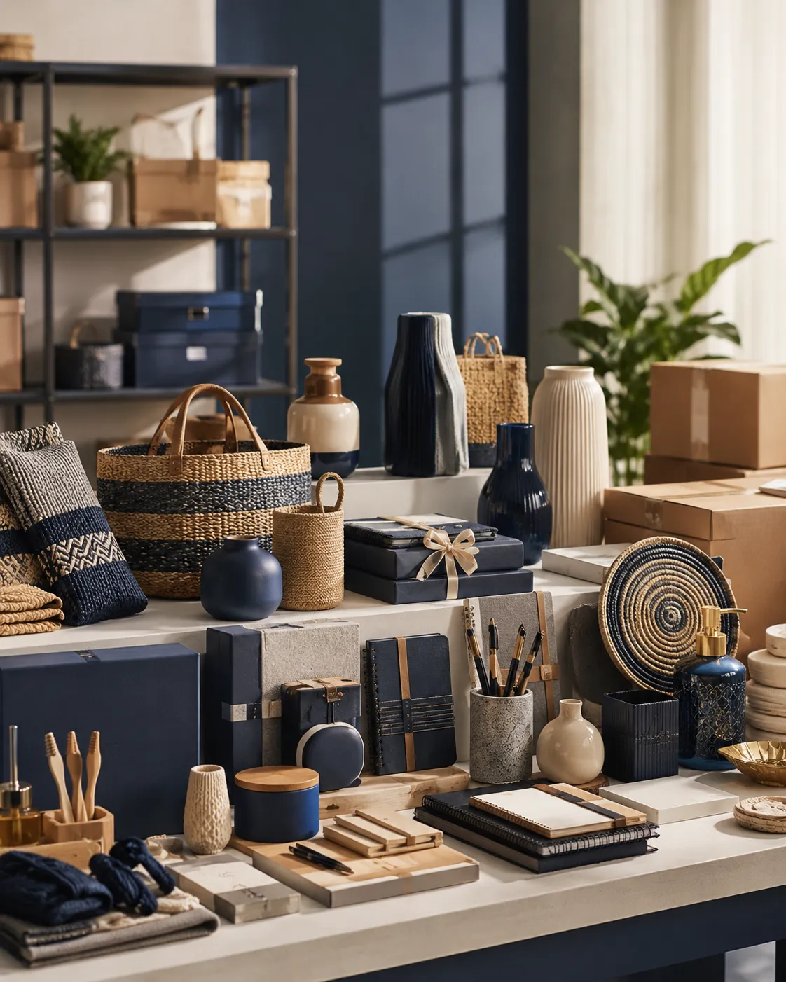 Organized commercial goods, handicrafts, gift items, stationery, décor pieces, and packaged products representing general trading and sourcing support.