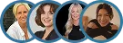 Row of four smiling women with diverse hairstyles and skin tones in circular frames.
