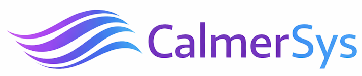 CalmerSys logo with stylized blue wave and purple-blue text