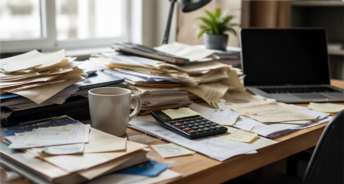 Desk covered with paperwork and receipts