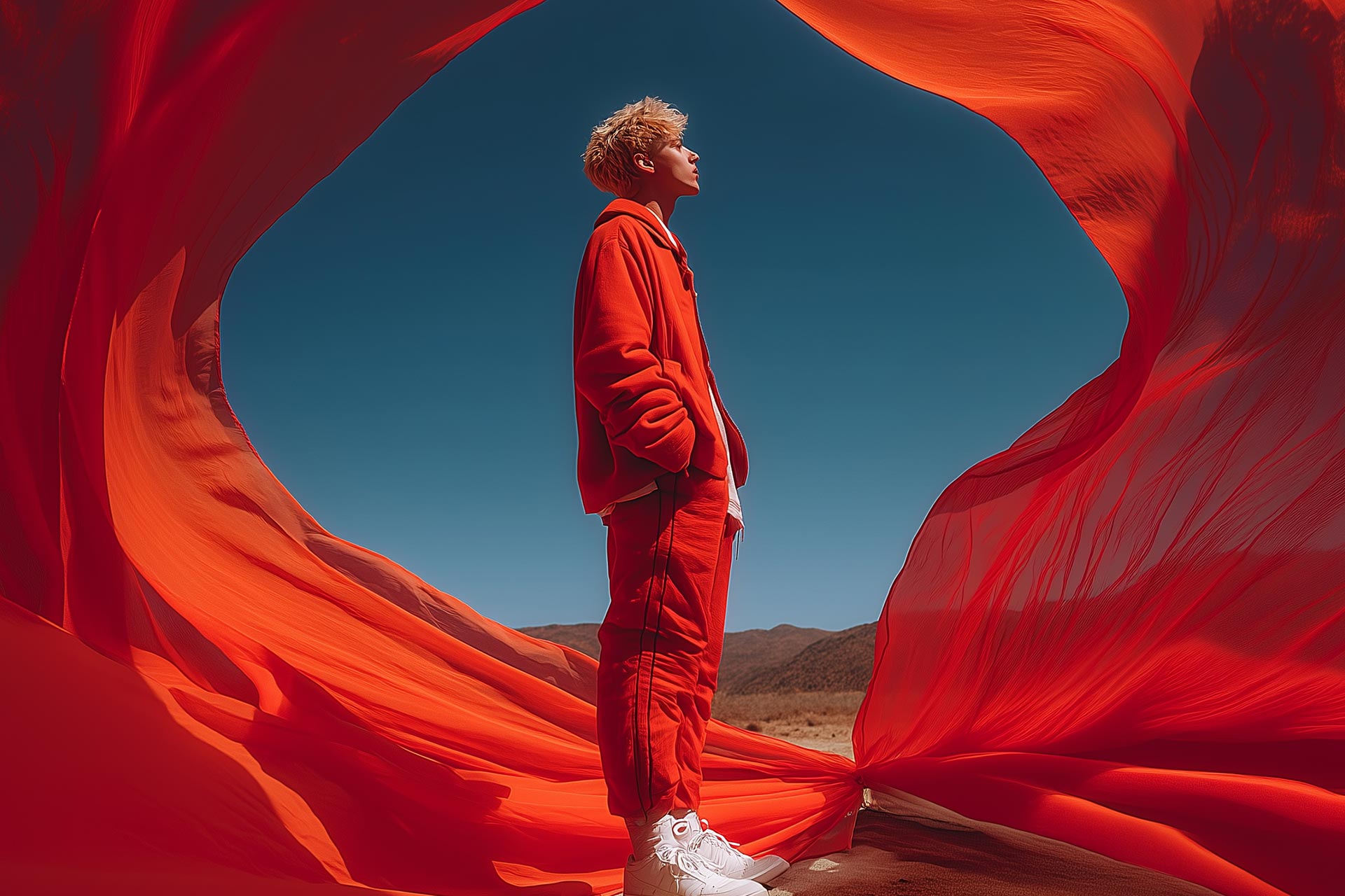 Person in red outfit standing amid flowing red fabric with clear blue sky and desert hills background.