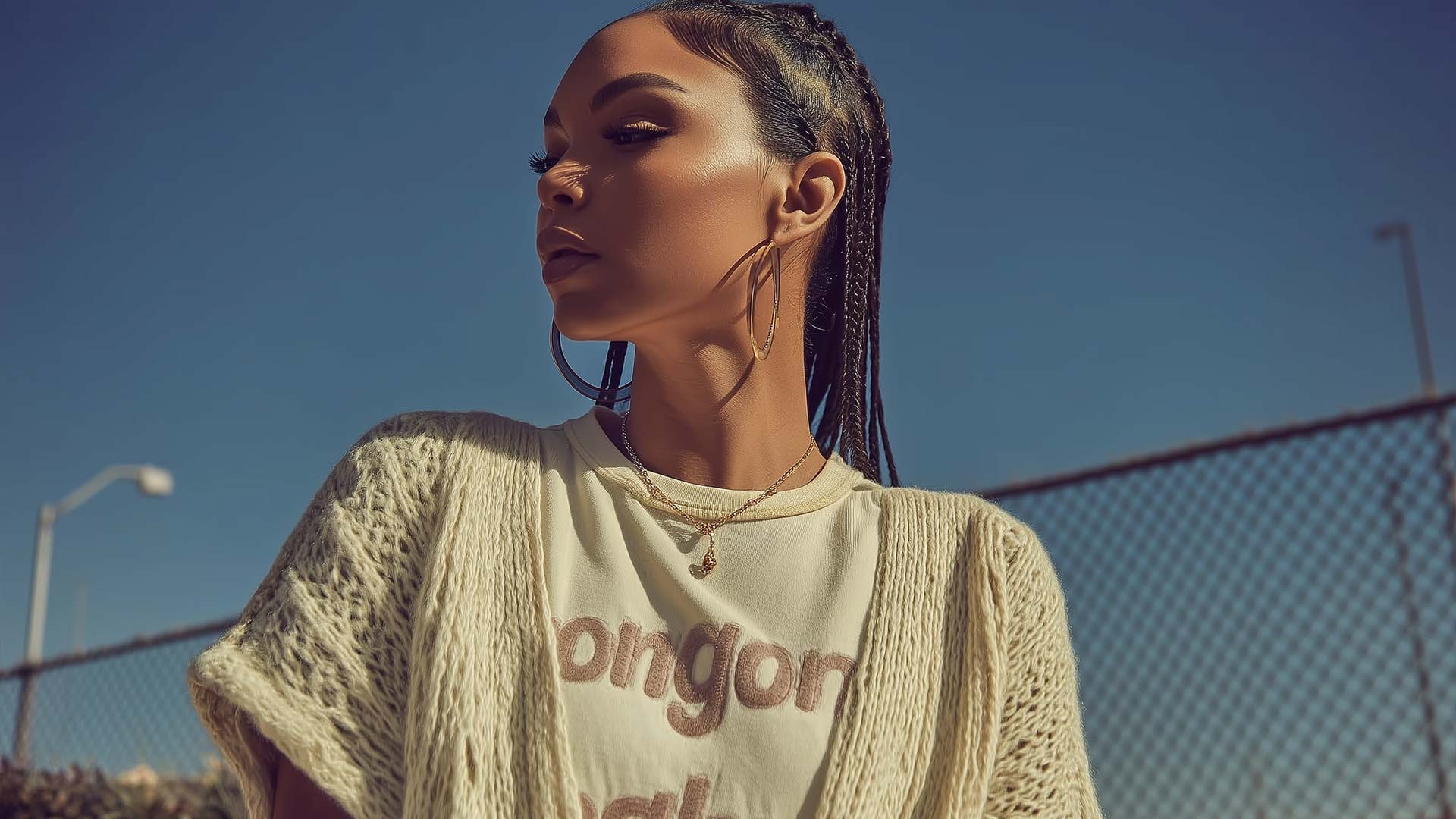 Woman seen from behind wearing a loose knit sweater and fitted pants, looking over her shoulder outdoors near a chain-link fence and palm trees under a clear blue sky.