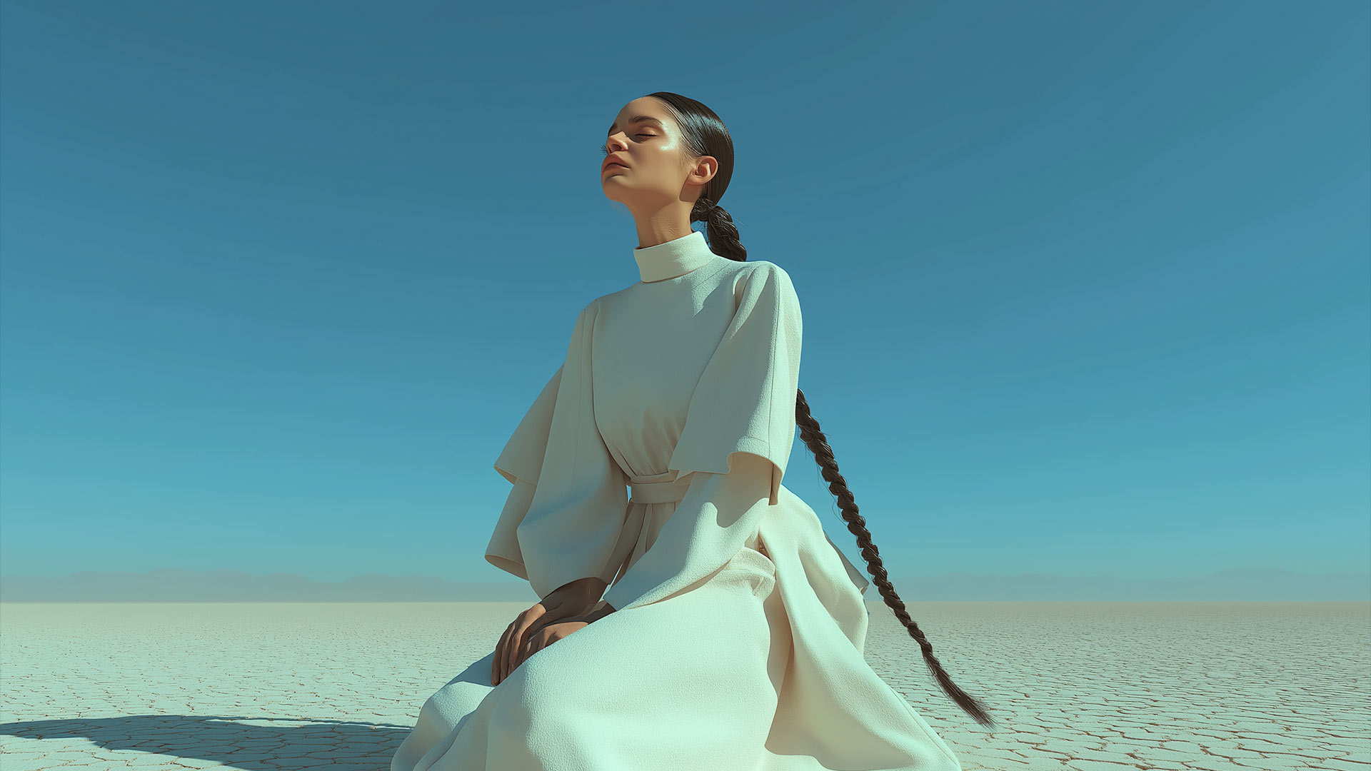 A young woman in a white dress sits in the desert with her eyes closed.