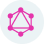 Pink network icon with circular nodes connected by lines on a light blue circular background.