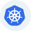 White Kubernetes logo with ship wheel inside a blue circle on a white background.