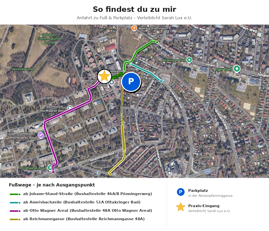 Anfahrt und Parkmöglichkeiten zur Praxis Verleiblicht in der Reizenpfenninggasse 1140 Wien