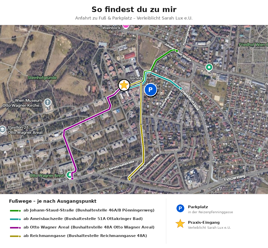 Anfahrt und Parkmöglichkeiten zur Praxis Verleiblicht in der Reizenpfenninggasse 1140 Wien