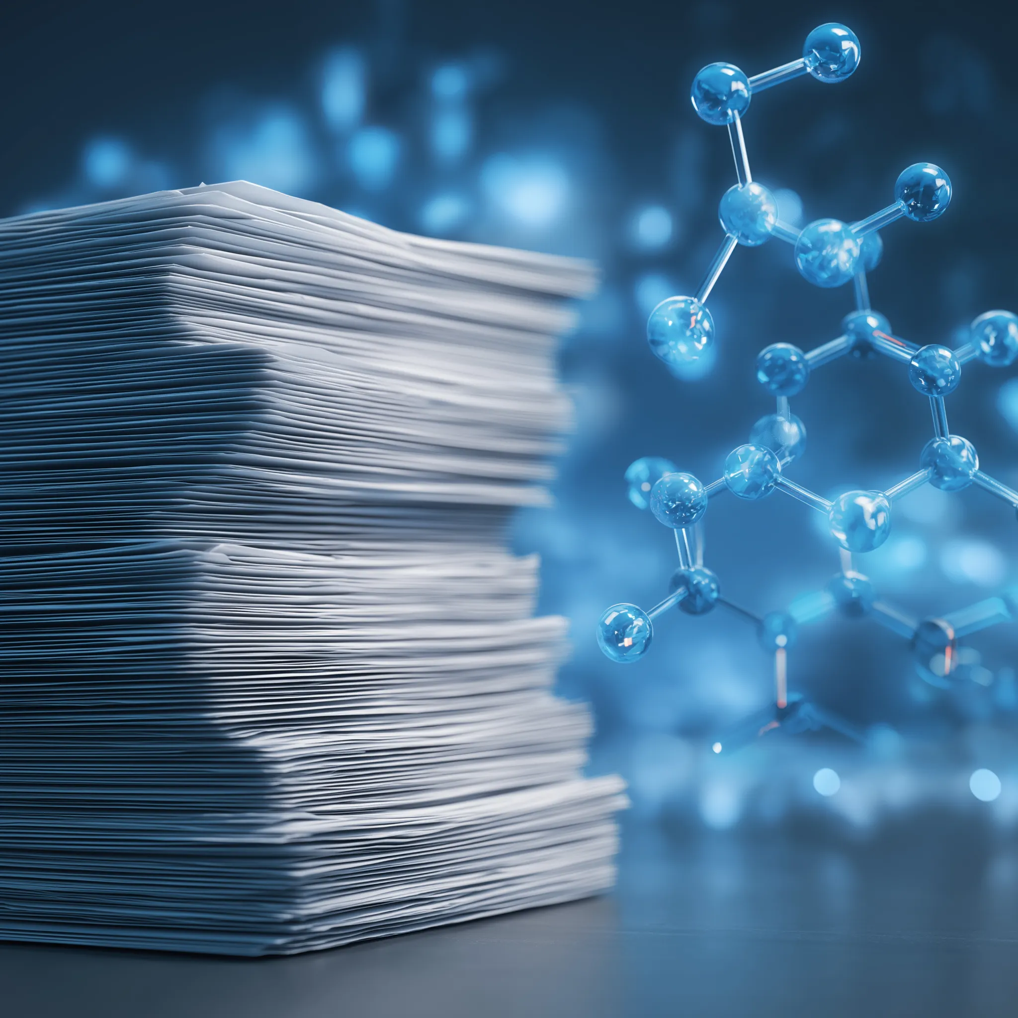 Tall stack of paper documents beside a blue molecular structure, representing the patent portfolio