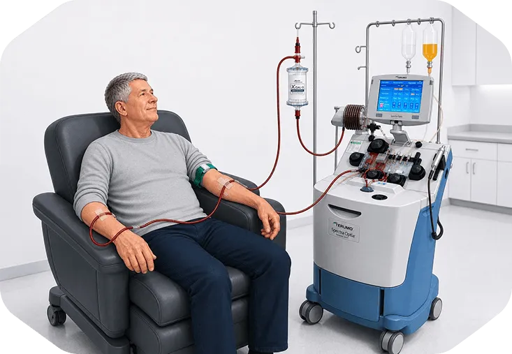 Patient in a recliner during apheresis, connected to a Terumo Spectra Optia machine with an XGAL-3 column