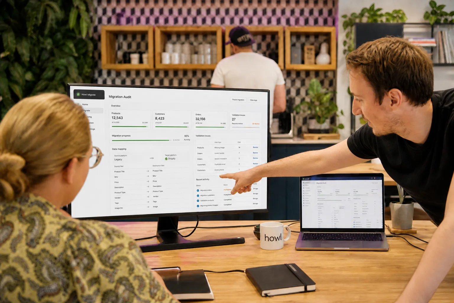 The team reviewing ecommerce data for a Shopify migration