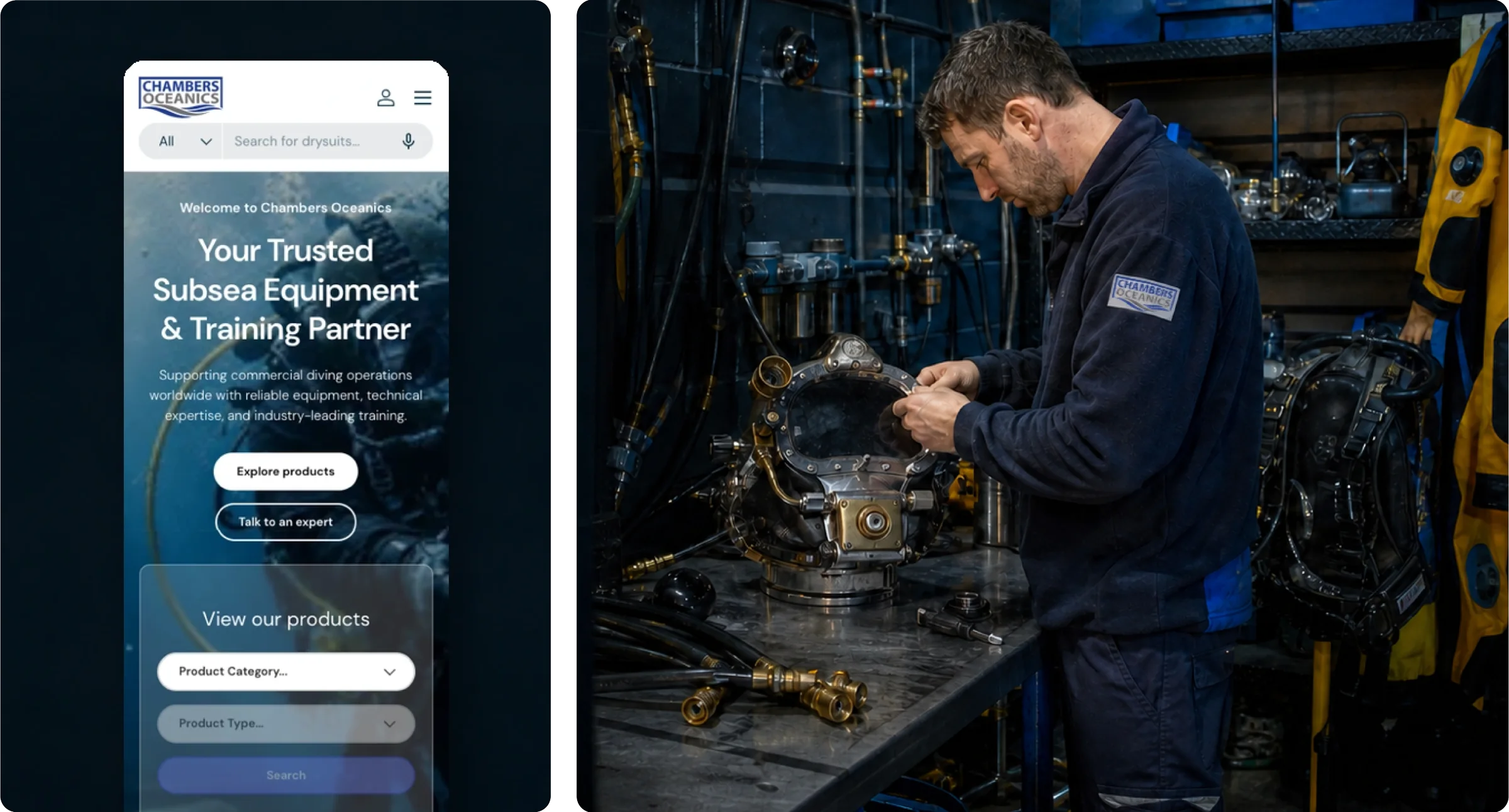 Chambers Oceanics mobile storefront beside a technician servicing diving equipment
