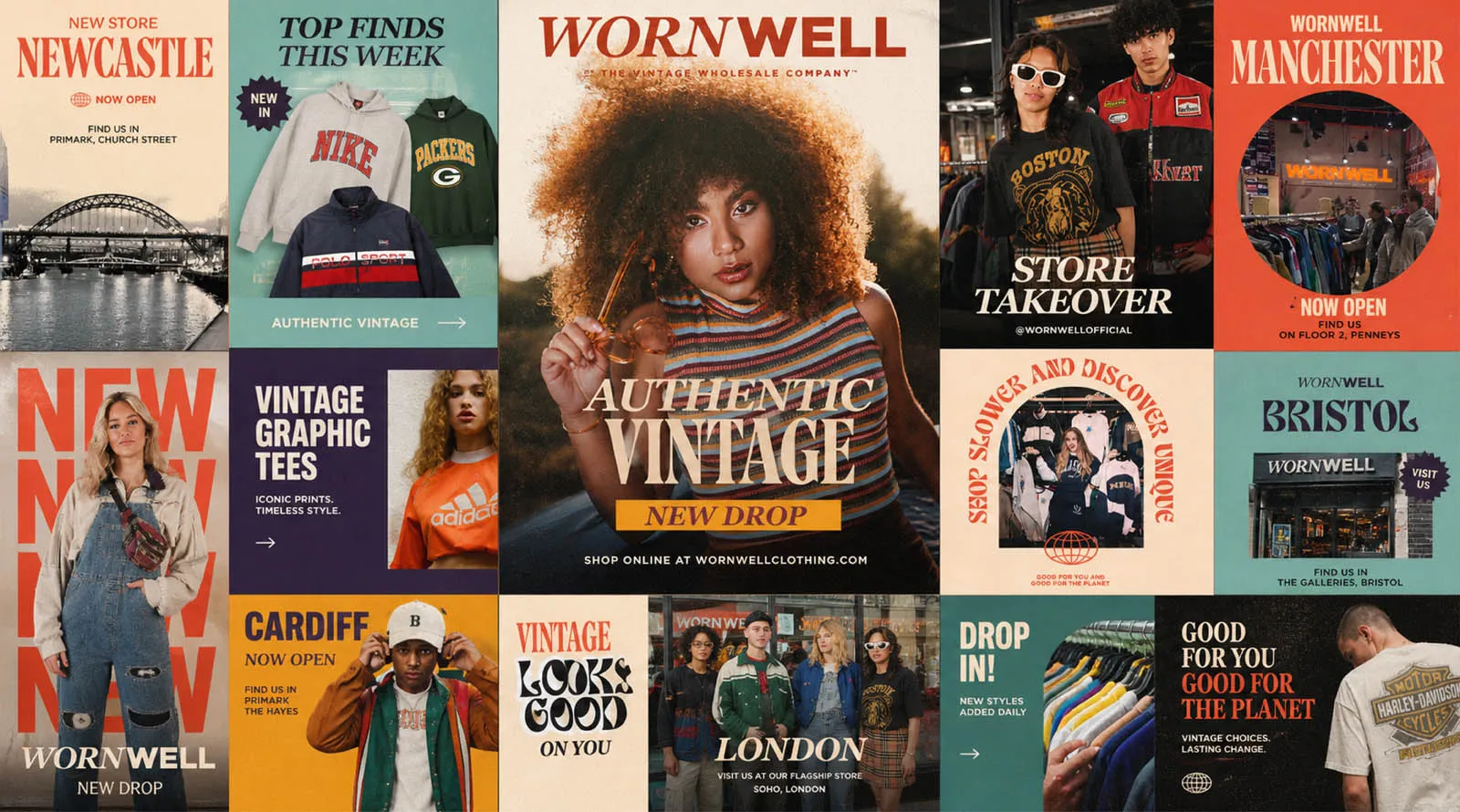 WornWell brand identity across campaign posters and store-launch creative