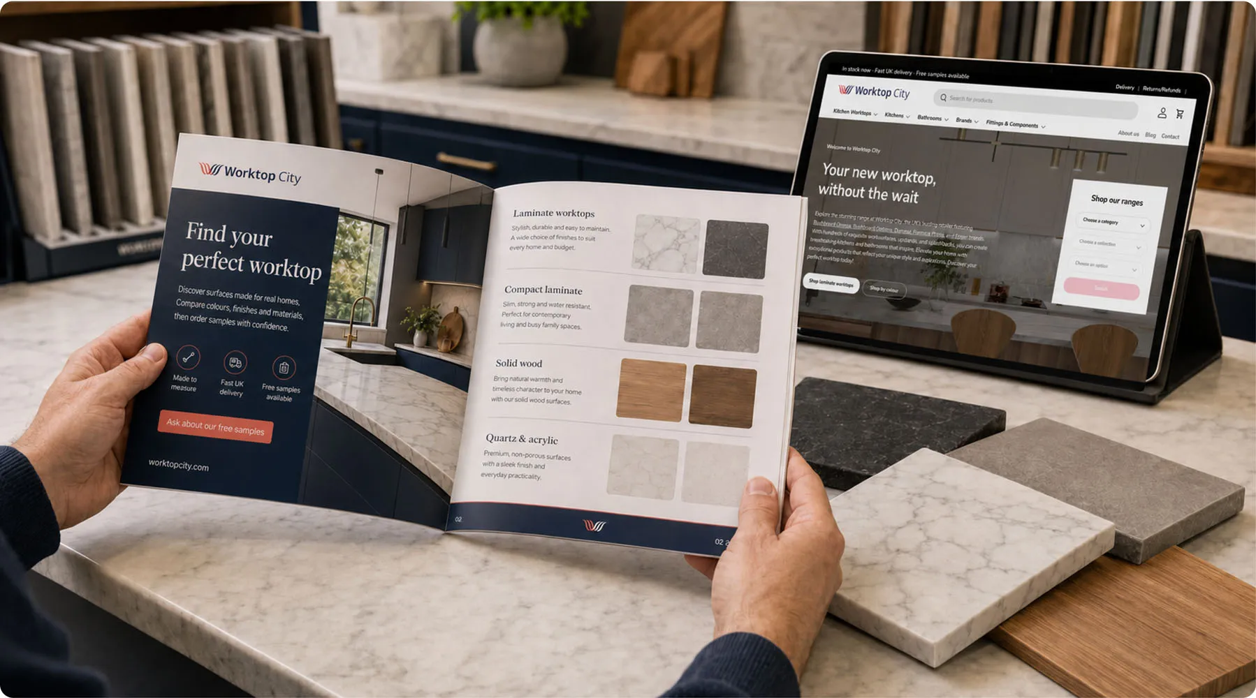 Worktop City printed product brochure alongside its ecommerce store
