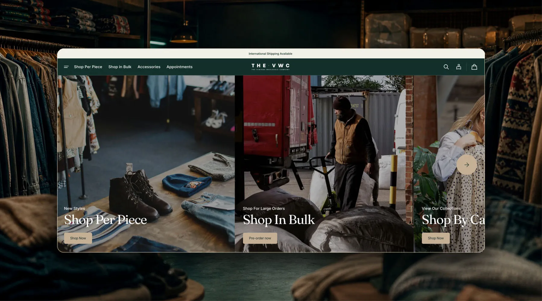 The VWC storefront with shopping routes for individual pieces, bulk and categories