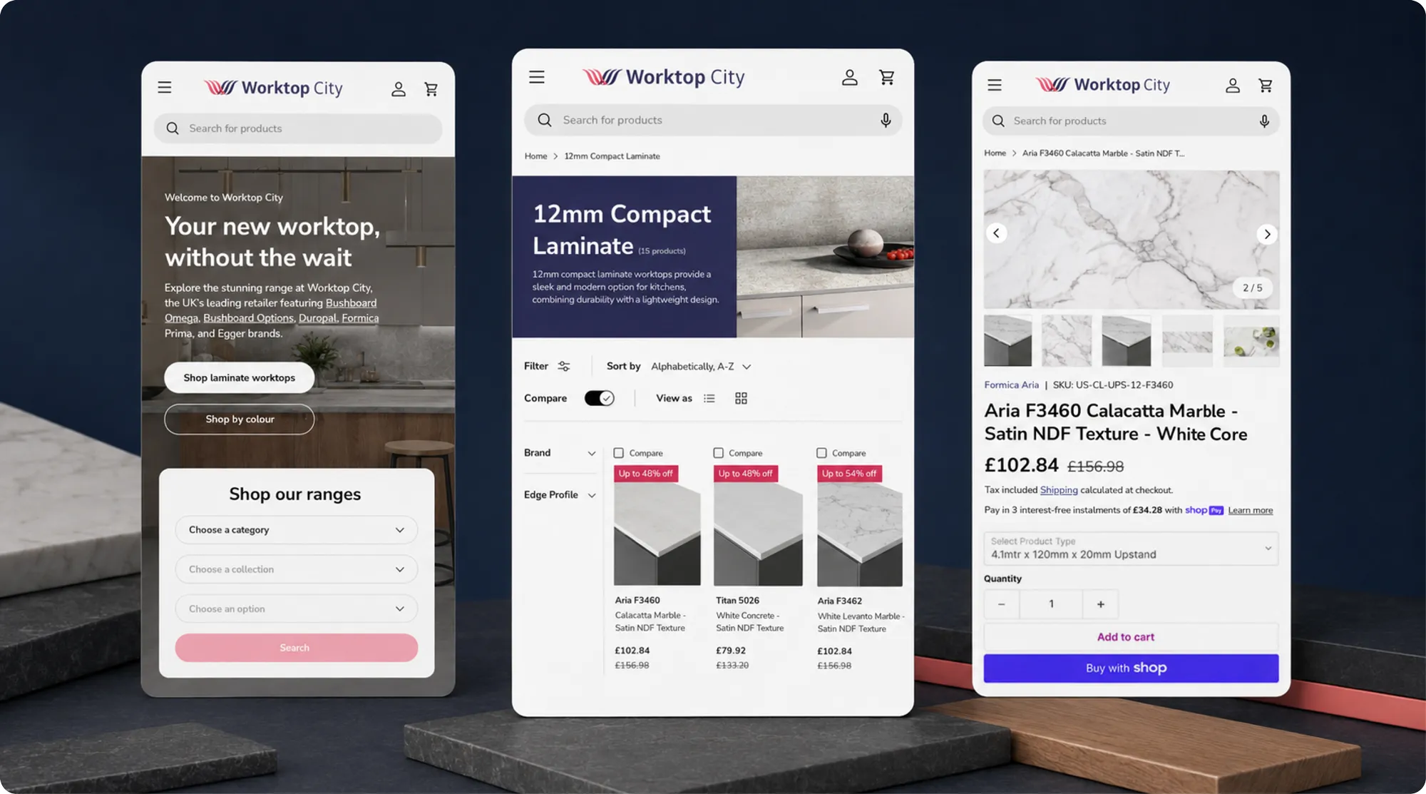 Worktop City mobile homepage, collection and product information