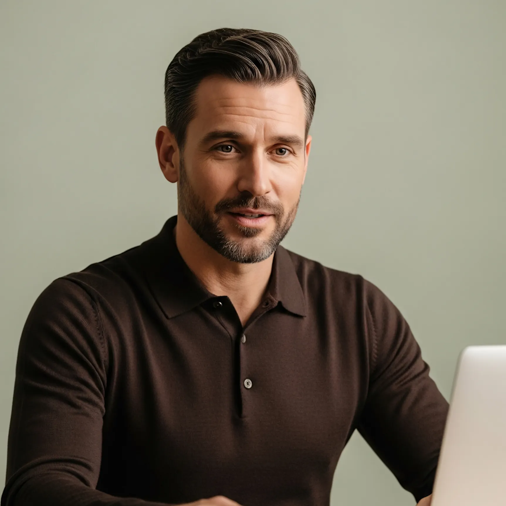 Man with neatly styled hair and beard wearing a dark brown polo shirt, sitting with a laptop against a plain light green background.