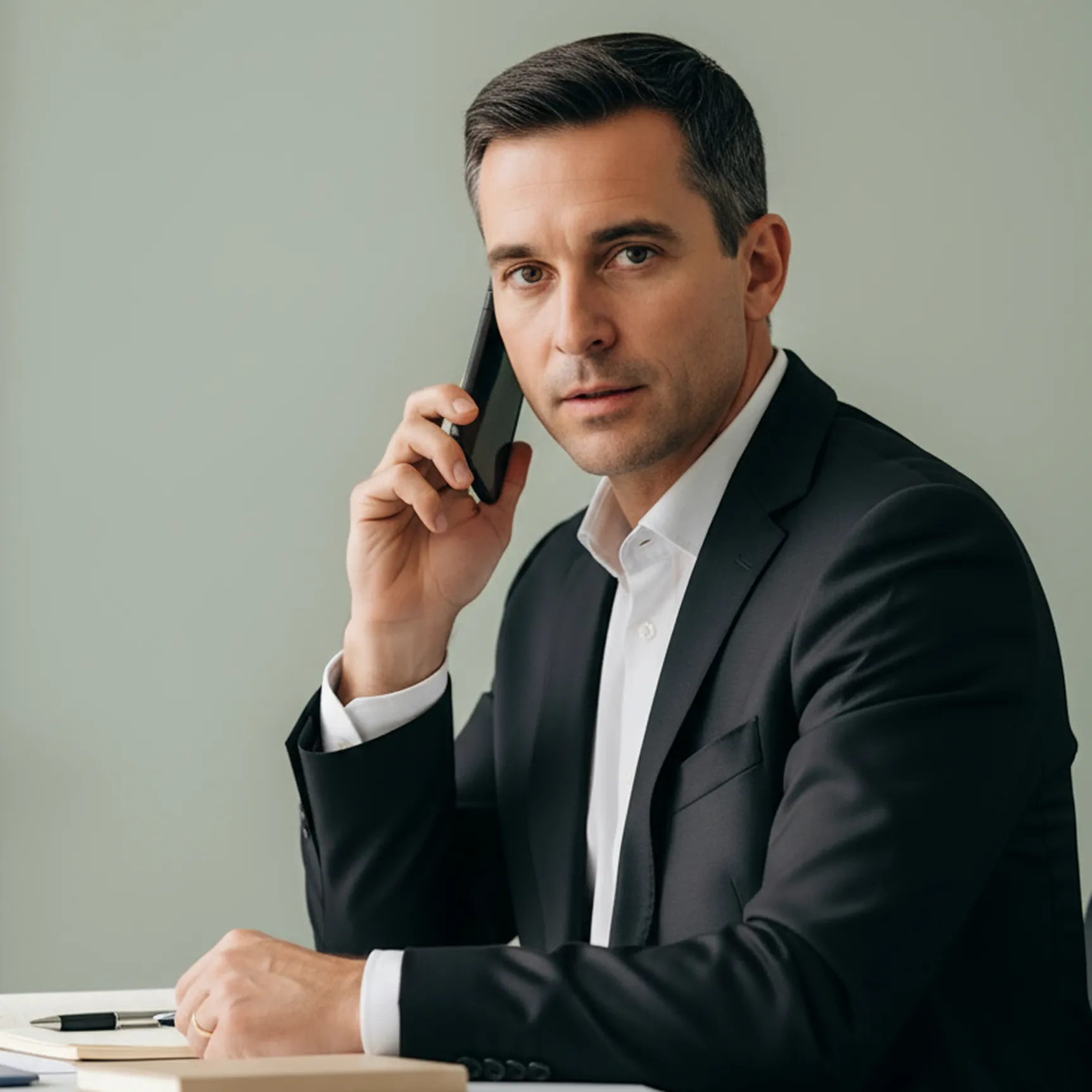 Professional man in a black suit making a phone call while seated at a desk with notebooks and a pen.