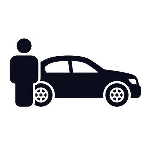 Icône d'une silhouette humaine debout à côté d'une voiture vue de profil.