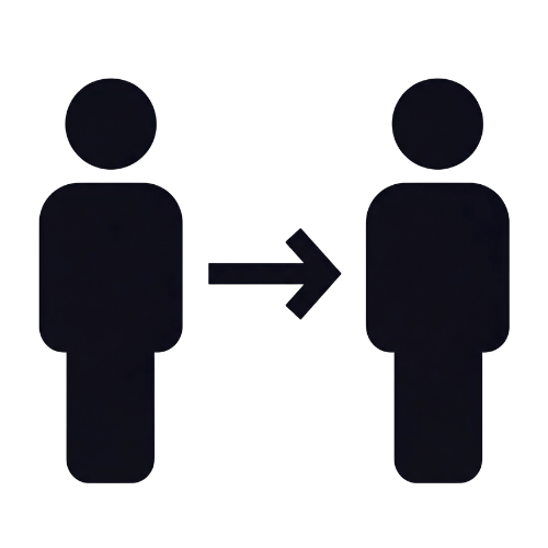 Icône de deux silhouettes humaines avec une flèche pointant de la silhouette de gauche vers celle de droite, symbolisant un transfert ou un déplacement.