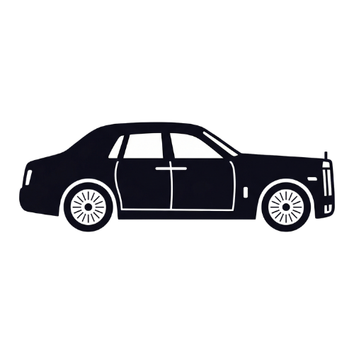 Silhouette noire d'une limousine de luxe vue de côté avec quatre portes et fenêtres blanches.