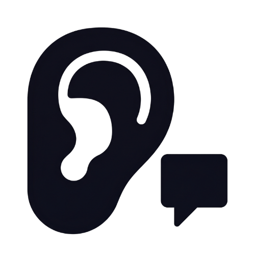 Icône d'une oreille stylisée avec une bulle de dialogue, symbolisant l'écoute ou la communication.