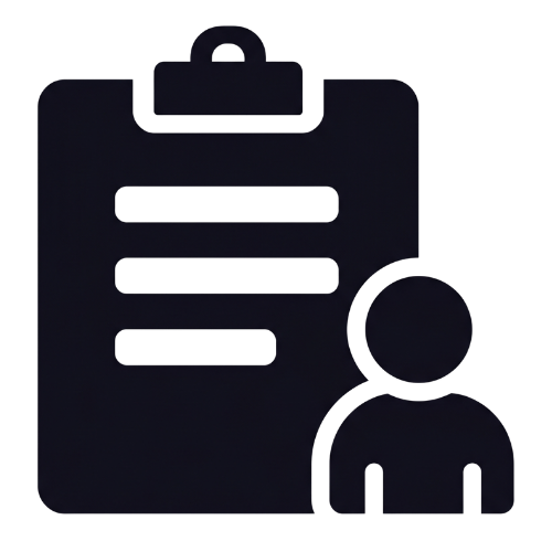 Icône d'un clipboard avec des lignes et une silhouette humaine à côté, représentant la gestion administrative ou la coordination.