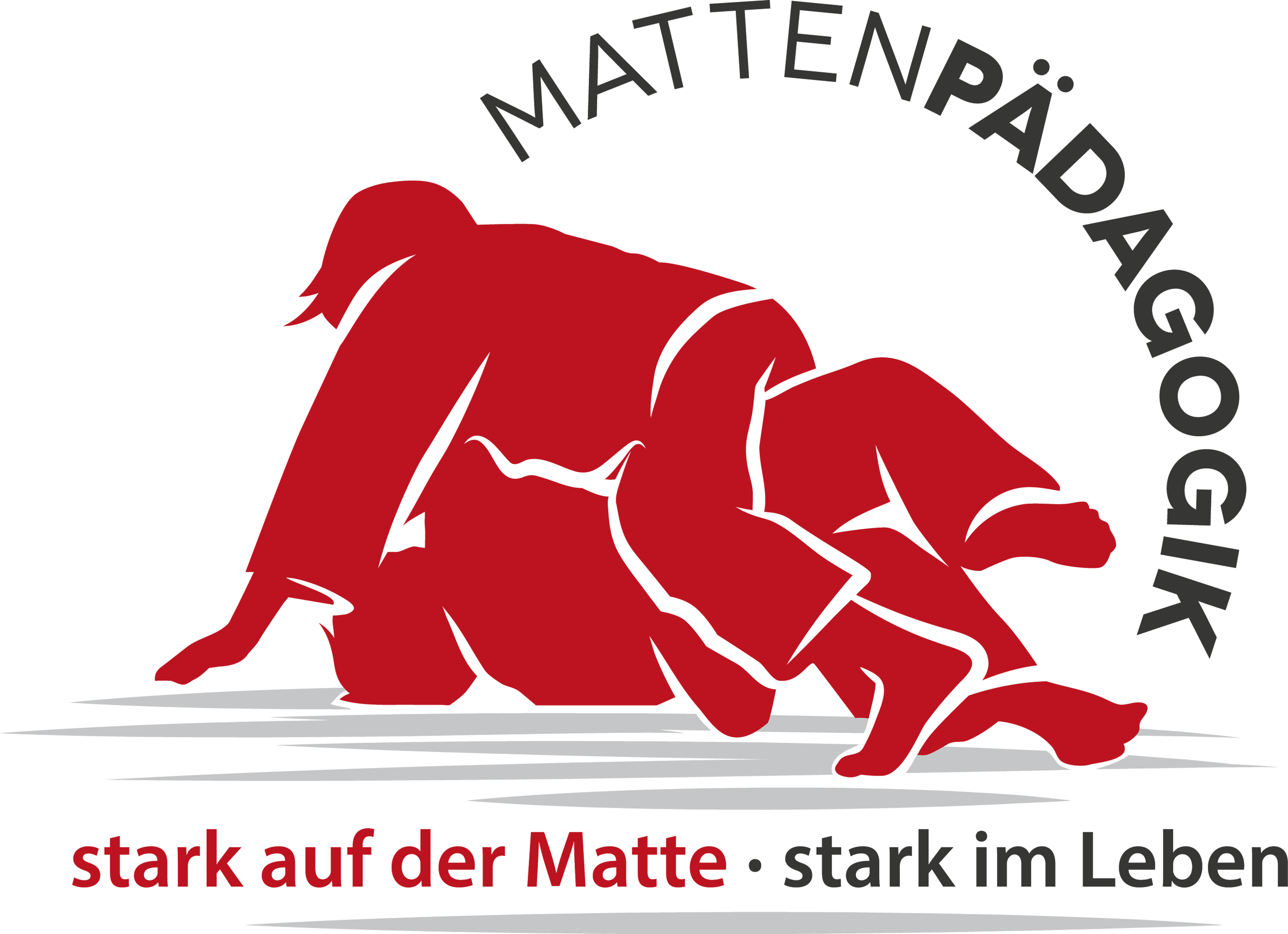 Zwei Personen kämpfen am Boden, umgeben von Text 'Mattenpädagogik' und 'stark auf der Matte, stark im Leben'.