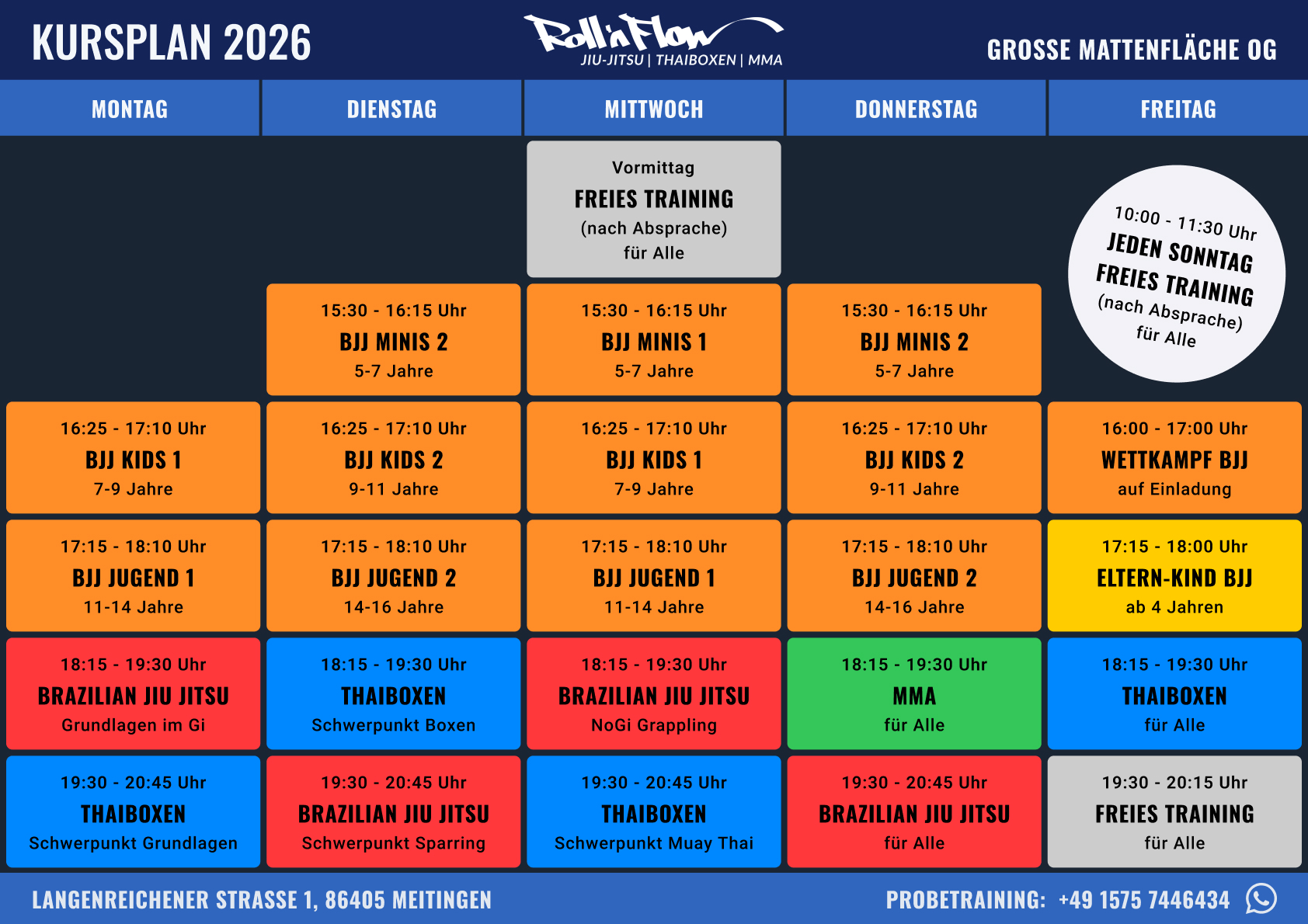 Wöchentlicher Kursplan 2026 der Roll´n Flow Kampfsportschule Meitingen mit BJJ, Thaiboxen, MMA und freiem Training.