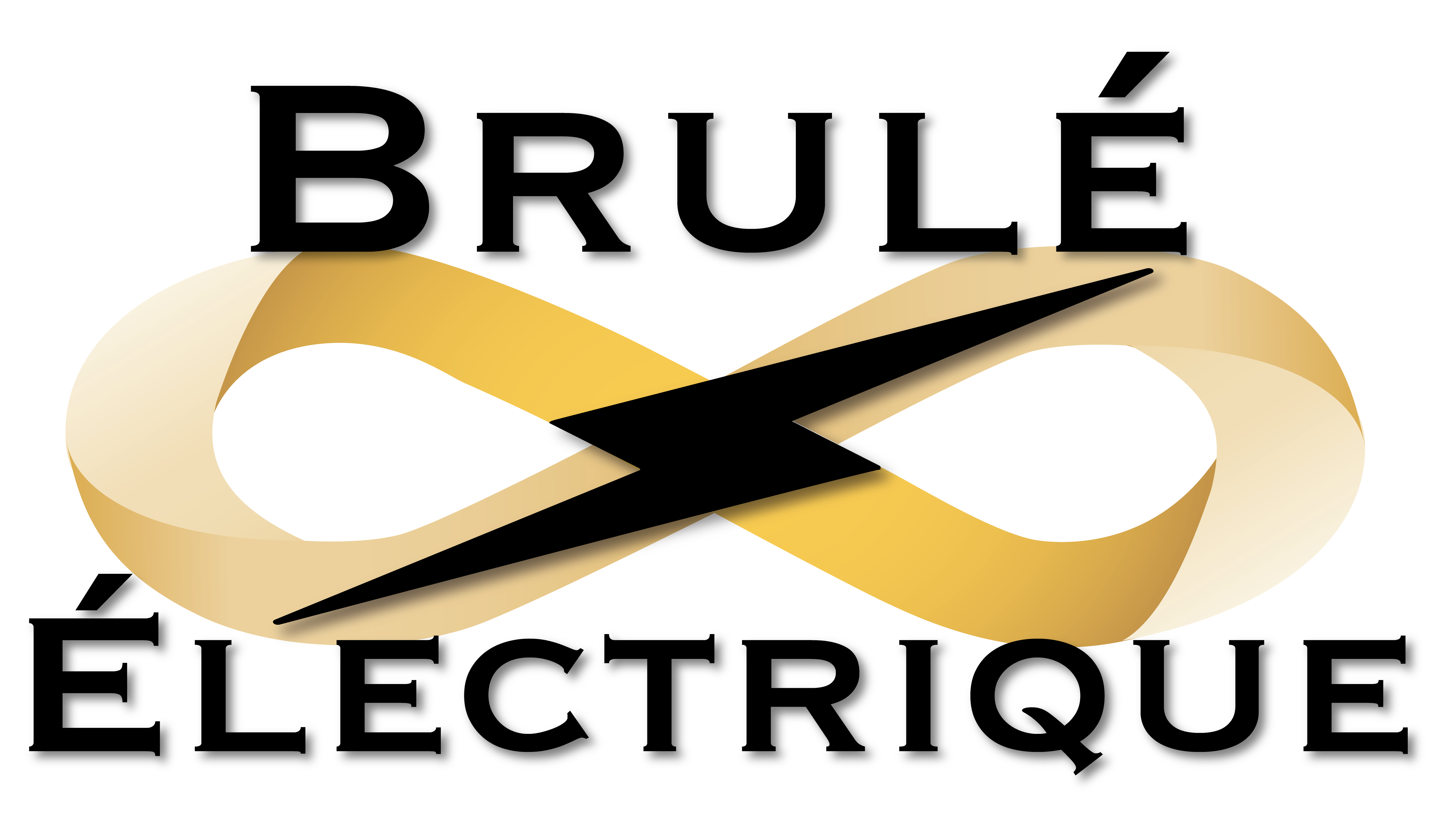 Brulé Électrique with black letters and lightning bolt and 3D gradient infinity symbol.