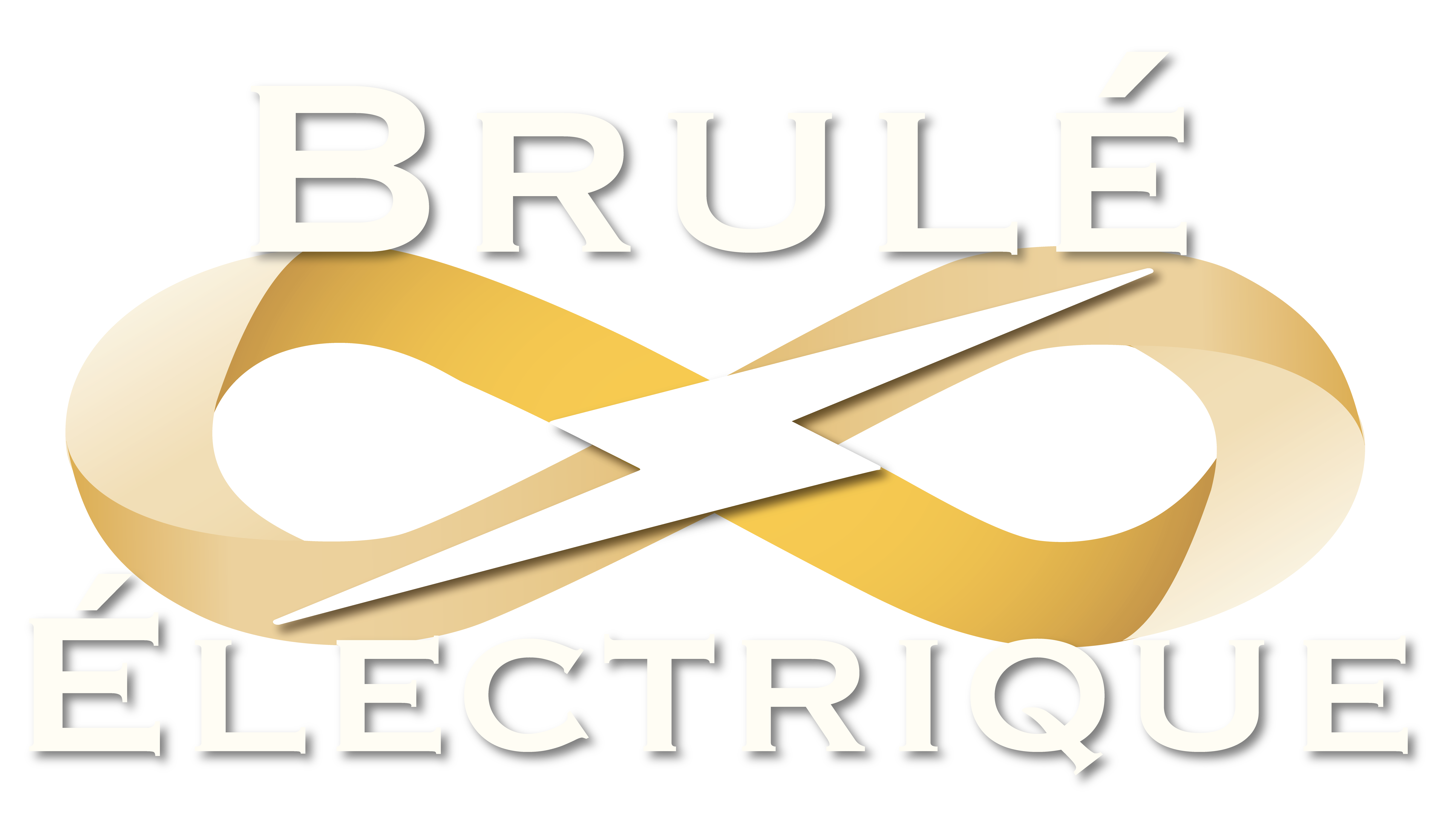 Brulé Électrique with white letters and lightning bolt and 3D gradient infinity symbol.