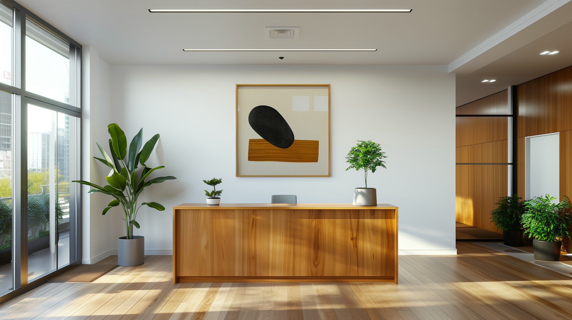 Modern office lobby with wooden reception desk, two potted plants on the desk, large floor plant by the window, and abstract artwork on white wall.