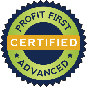 Round badge with text 'Profit First Advanced Certified' and two stars on a green and navy background.