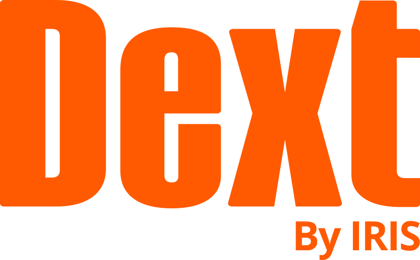 Dext logo in bright orange with text 'By IRIS' underneath on the right.