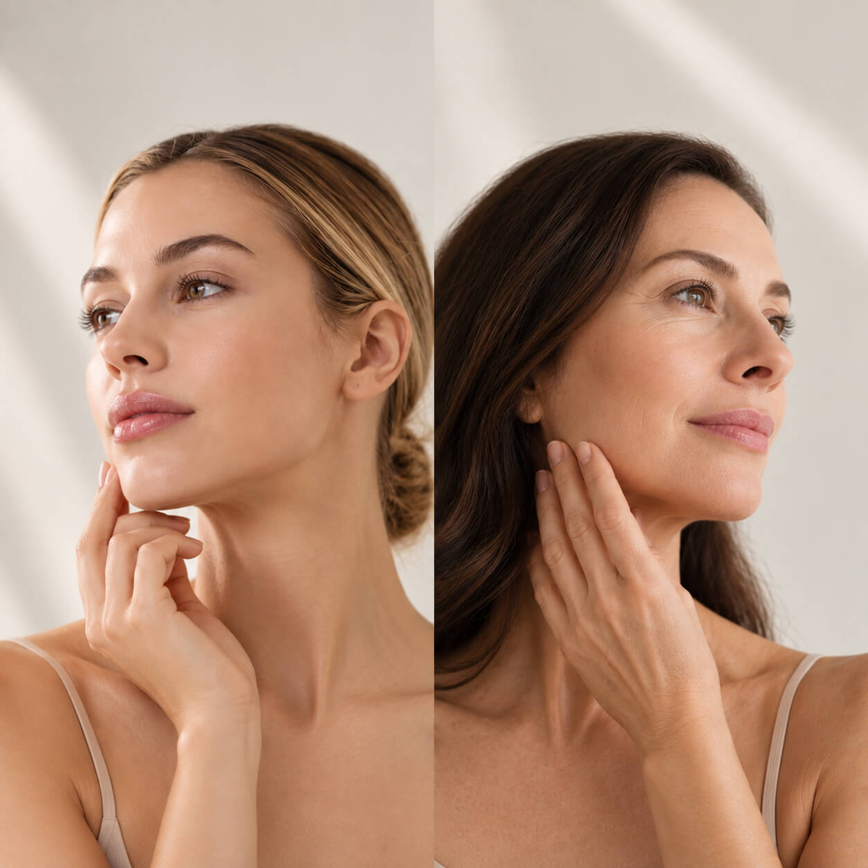 Younger and mature woman illustrating preventative and corrective aesthetic treatments for healthy skin at every age